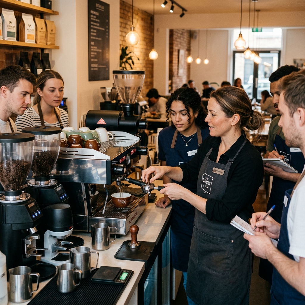Barista instructor teaching espresso machine techniques to students