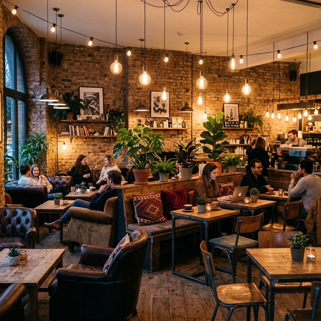 Cozy cafe interior with warm lighting and comfortable seating