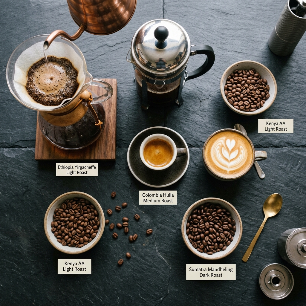 Specialty coffee brewing methods displayed on dark slate
