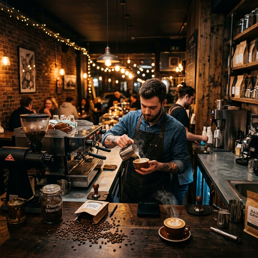 Dark Beans cafe interior — premium espresso bar with warm ambient lighting