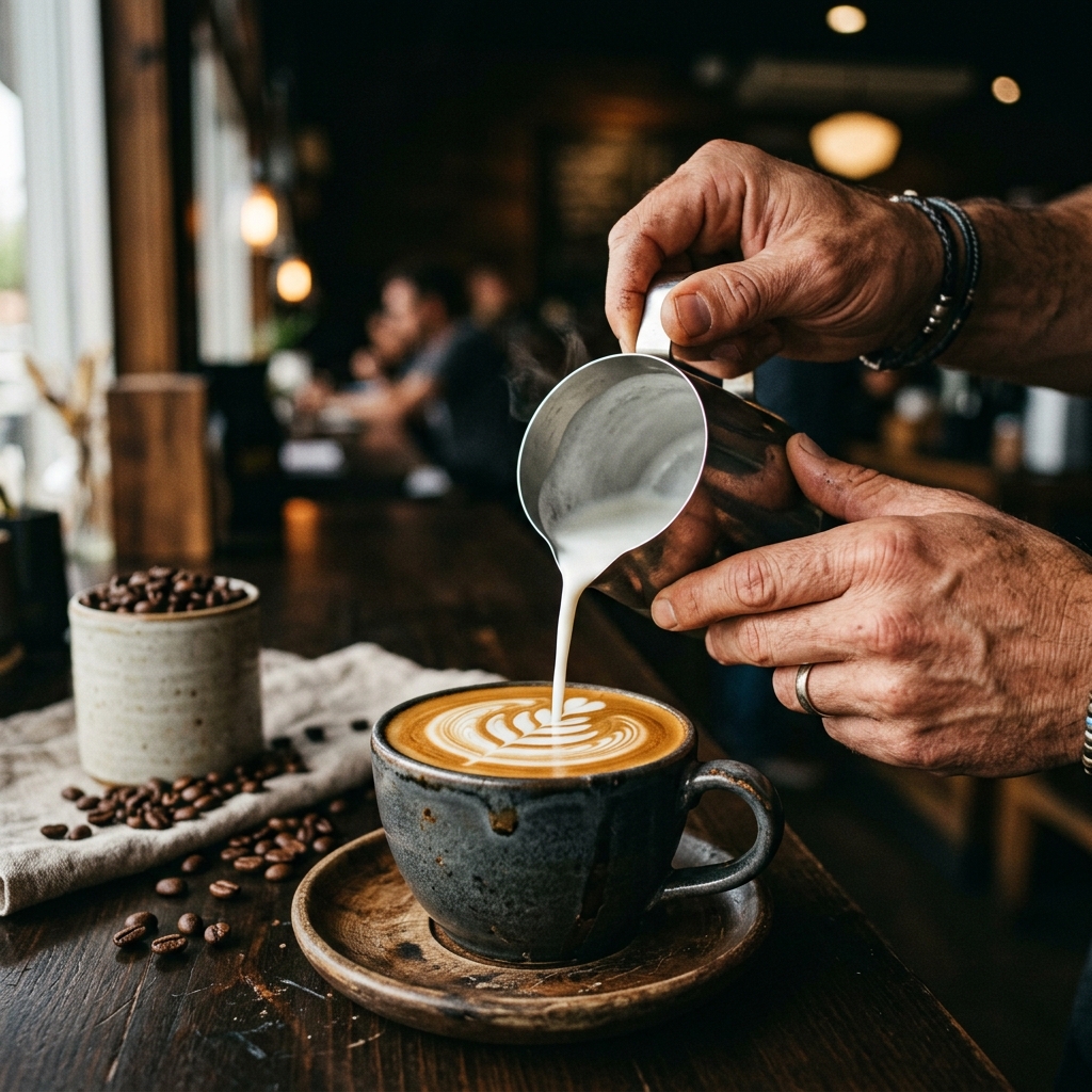 Barista pouring intricate latte art into a ceramic cup